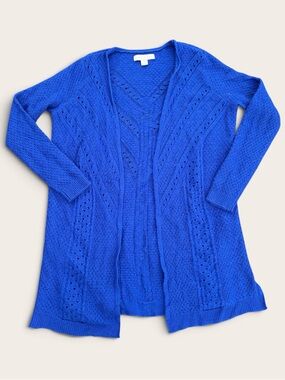 Laura Ashley Cobalt Blue Wool Blend Openwork Long Cardigan Sweater M